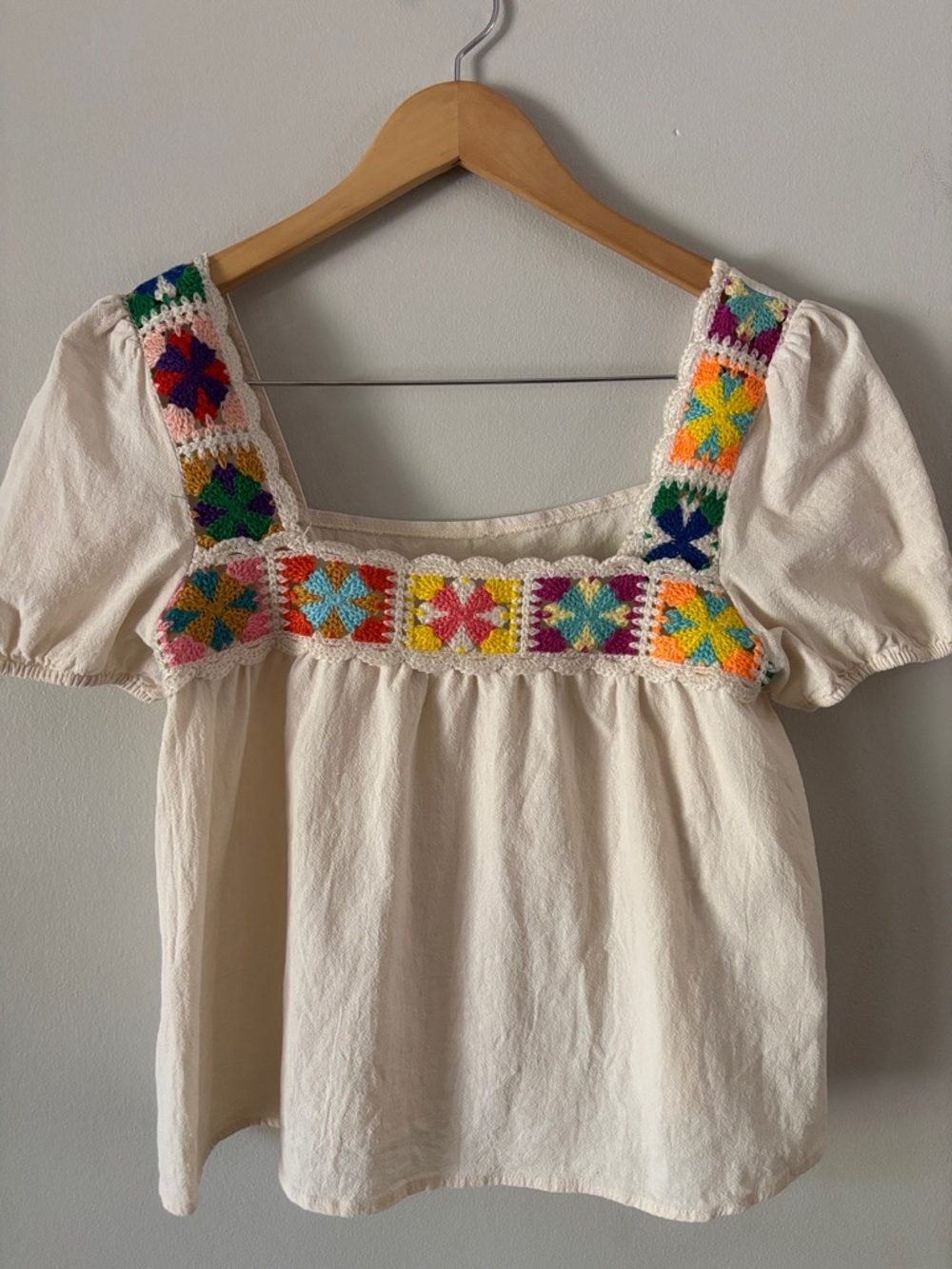 Boho Style Peasant Top with Multicolor Crochet Flower Trim Puff Sleeves